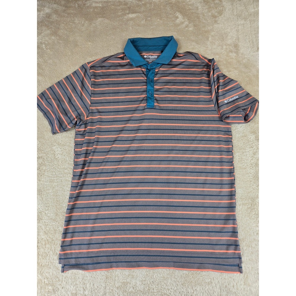 Columbia Golf Mens Large Polo Shirt Striped Grey Teal Orange Short Sleve Stretch